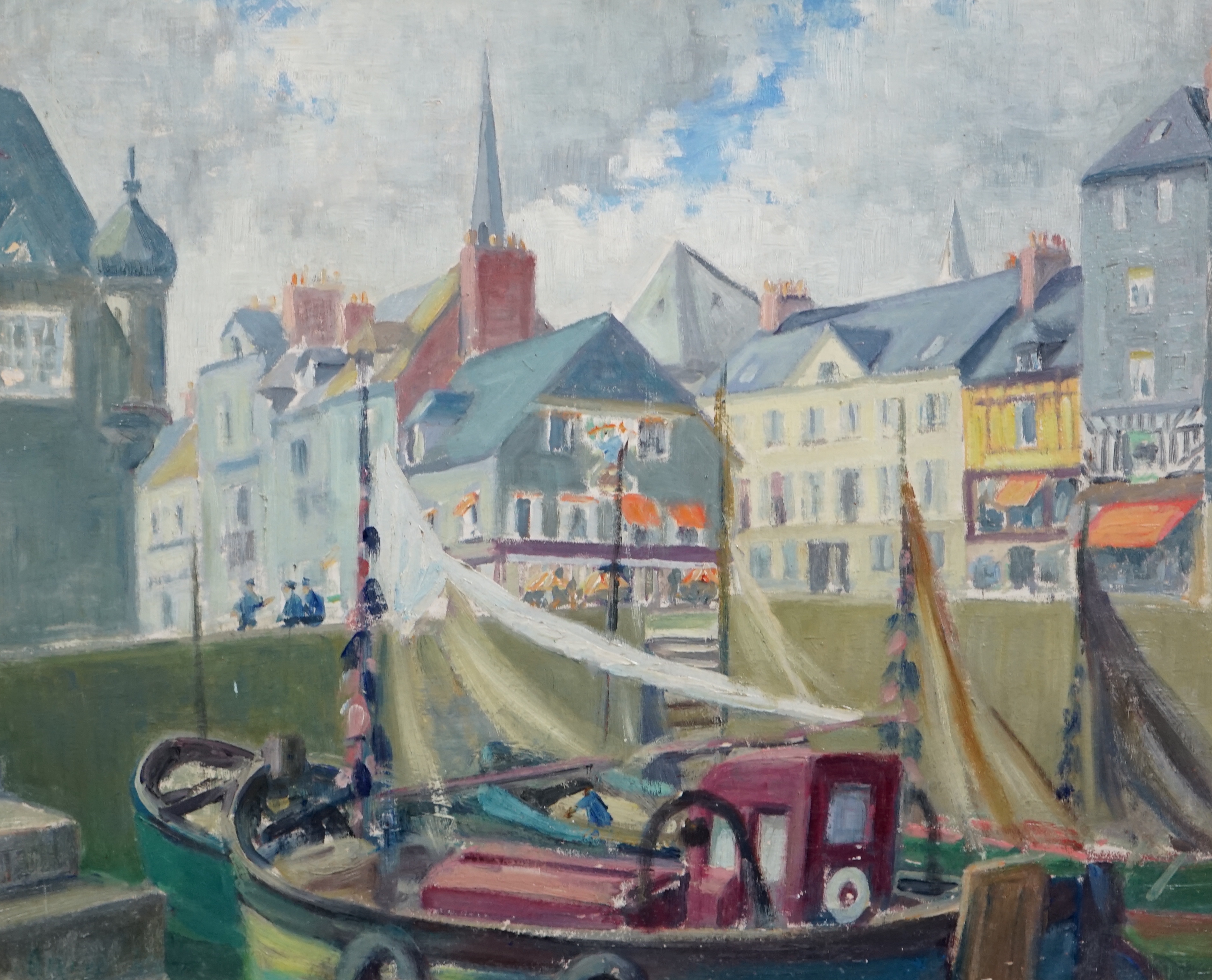 Alfred E. Kerr (1901-1980), oil on board, Fishing boat in harbour, signed, 37 x 45cm